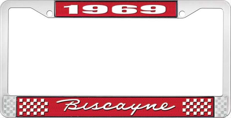 1969 Biscayne Red And Chrome License Plate Frame With White Lettering