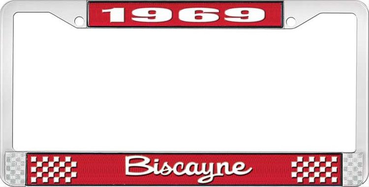 1969 Biscayne Red And Chrome License Plate Frame With White Lettering