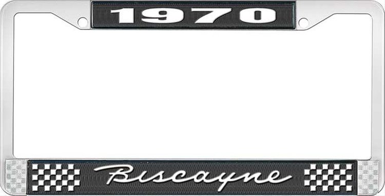 1970 Biscayne Black And Chrome License Plate Frame With White Lettering