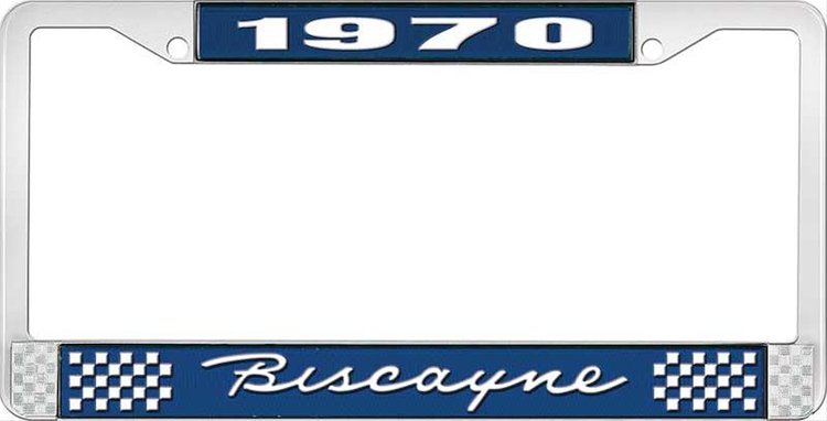 1970 Biscayne Blue And Chrome License Plate Frame With White Lettering