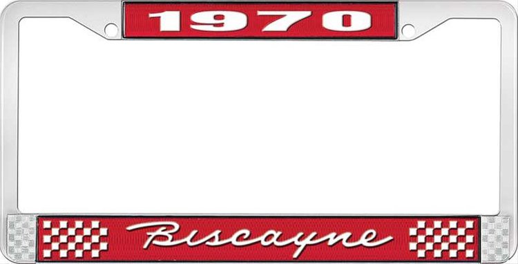 1970 Biscayne Red And Chrome License Plate Frame With White Lettering