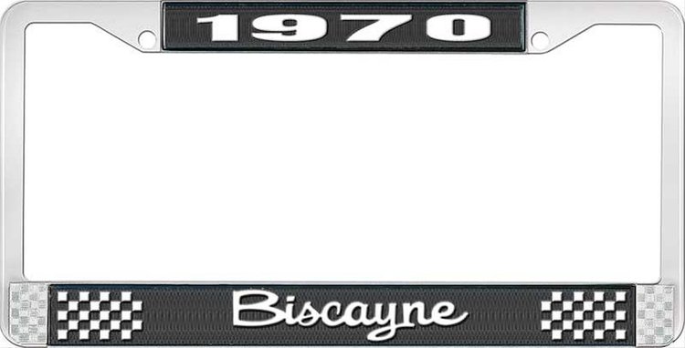 1970 Biscayne Black And Chrome License Plate Frame With White Lettering