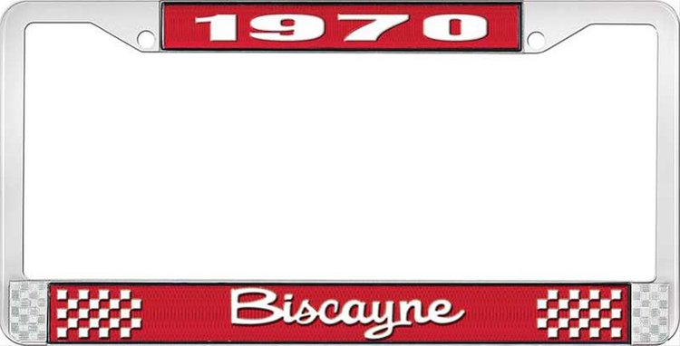 1970 Biscayne Red And Chrome License Plate Frame With White Lettering