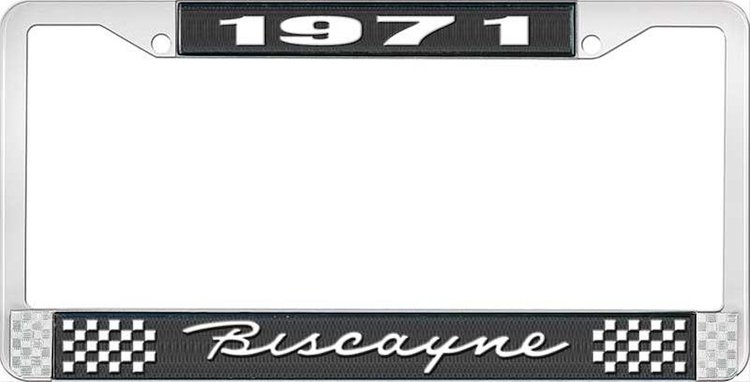 1971 Biscayne Black And Chrome License Plate Frame With White Lettering