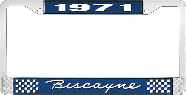 1971 Biscayne Blue And Chrome License Plate Frame With White Lettering