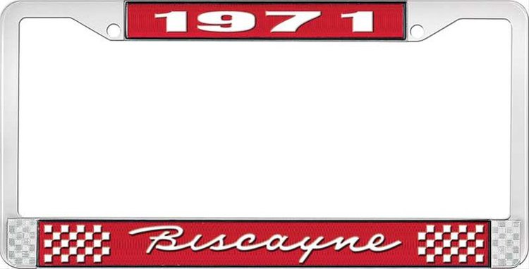 1971 Biscayne Red And Chrome License Plate Frame With White Lettering