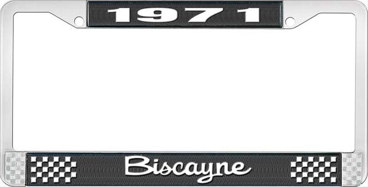 1971 Biscayne Black And Chrome License Plate Frame With White Lettering