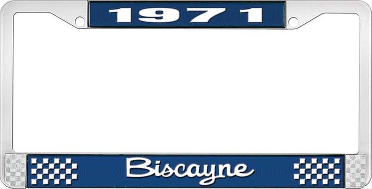 1971 Biscayne Blue And Chrome License Plate Frame With White Lettering