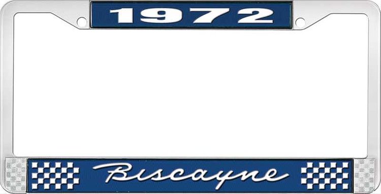 1972 Biscayne Blue And Chrome License Plate Frame With White Lettering