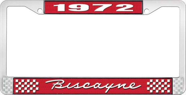 1972 Biscayne Red And Chrome License Plate Frame With White Lettering