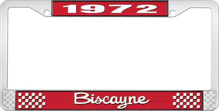 1972 Biscayne Red And Chrome License Plate Frame With White Lettering