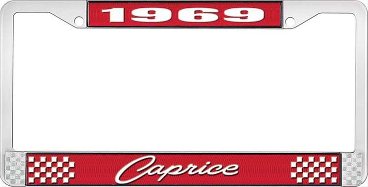 1969 Caprice Red And Chrome License Plate Frame With White Lettering