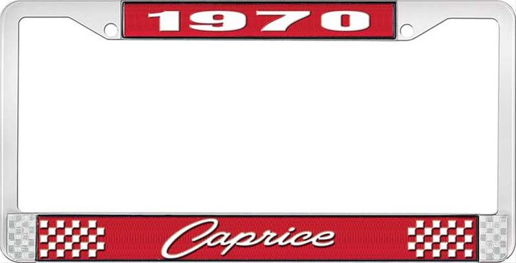 1970 Caprice Red And Chrome License Plate Frame With White Lettering