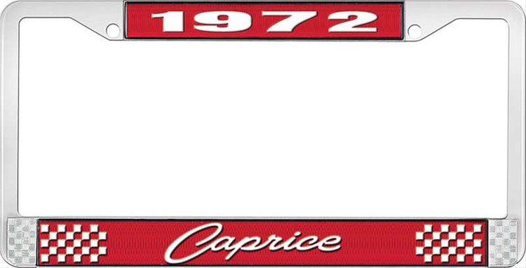 1972 Caprice Red And Chrome License Plate Frame With White Lettering