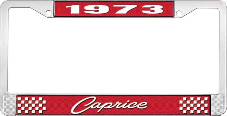 1973 Caprice Red And Chrome License Plate Frame With White Lettering
