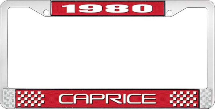 1980 Caprice Red And Chrome License Plate Frame With White Lettering