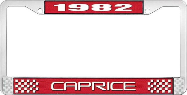 1982 Caprice Red And Chrome License Plate Frame With White Lettering