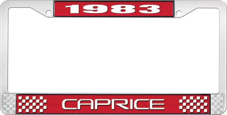 1983 Caprice Red And Chrome License Plate Frame With White Lettering