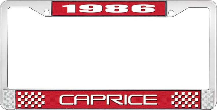 1986 Caprice Red And Chrome License Plate Frame With White Lettering