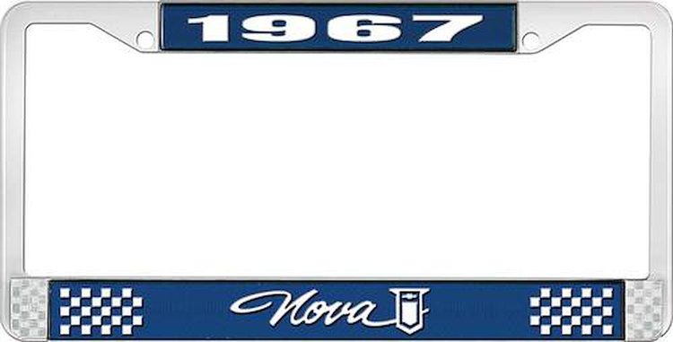 License Plate Frame 1967 Nova Style 1 Blue & Chrome with White Lettering