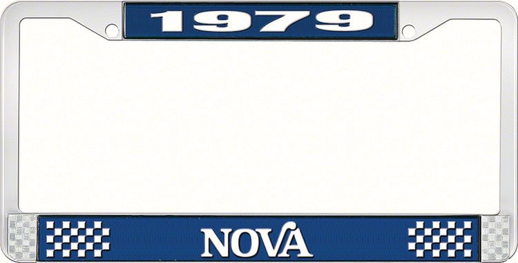 License Plate Frame 1979 Chevy Nova  [Blue and Chrome w/ White Letters]