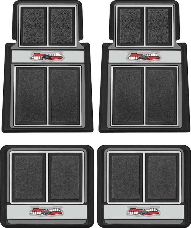 M55111 Floor Mat Set 1955-57 Chevy Bel Air, 150, 210; With "Chevrolet" Crest; Front And Rear; Black/Gray; 4-Piece Set