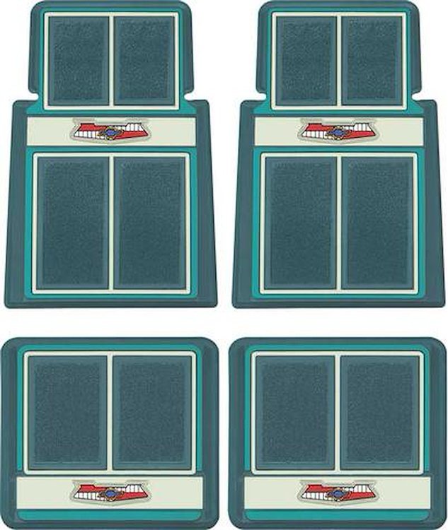 M55114 1955-57 Chevy; Custom Floor Mat Set; with in.Chevrolet in. Crest; 4 Piece; Dk Turq / Turquoise / Ivory