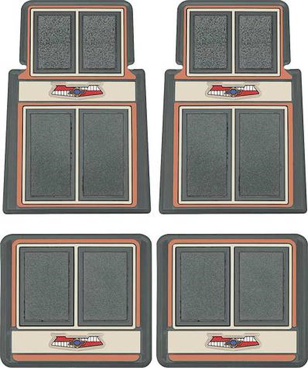 M55117 1955-57 Chevy; Custom Floor Mat Set; with in.Chevrolet in. Crest; 4 Piece; Gray / Coral / Beige