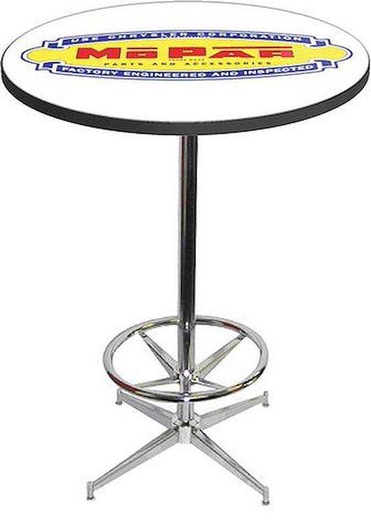 MD673101 Pub Table With Chrome Base And Foot Rest 1948-53 Style Mopar parts And Accessories Logo Pub Table With Chrome Base And