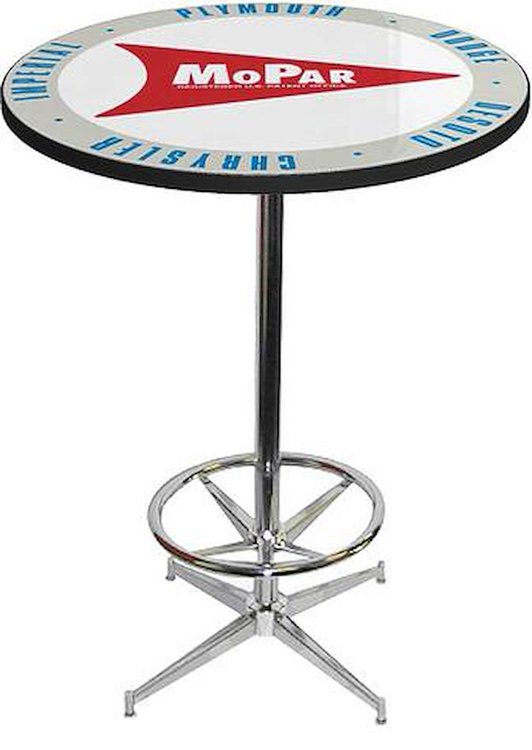 MD673102 Pub Table With Chrome Base And Foot Rest 1959-63 Style Mopar Logo Pub Table With Chrome Base And Foot Rest