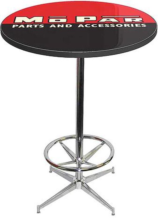 MD673103 Pub Table With Chrome Base And Foot Rest 1948-53 Style Black/Red Mopar parts And Accessories Logo Pub Table With Chrome
