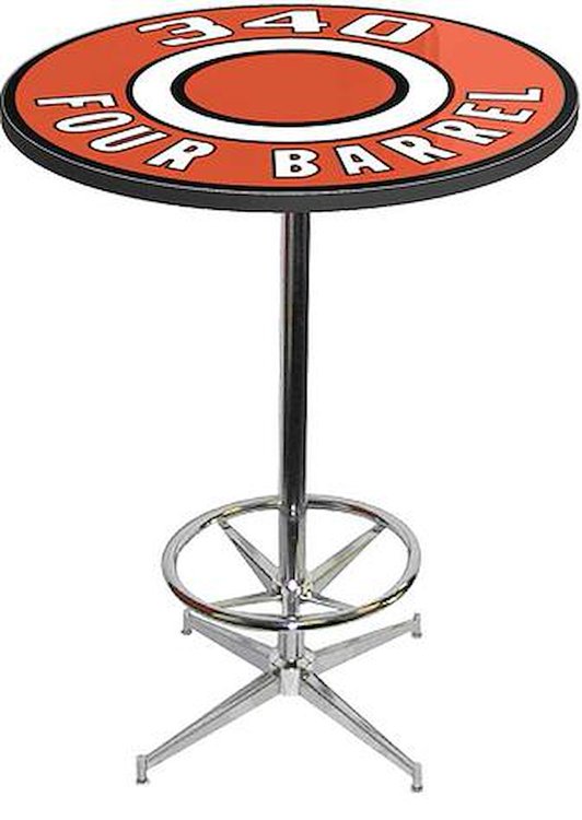 MD673110 Pub Table With Chrome Base And Foot Rest Mopar 340 Four Barrel Logo Pub Table With Chrome Base And Foot Rest