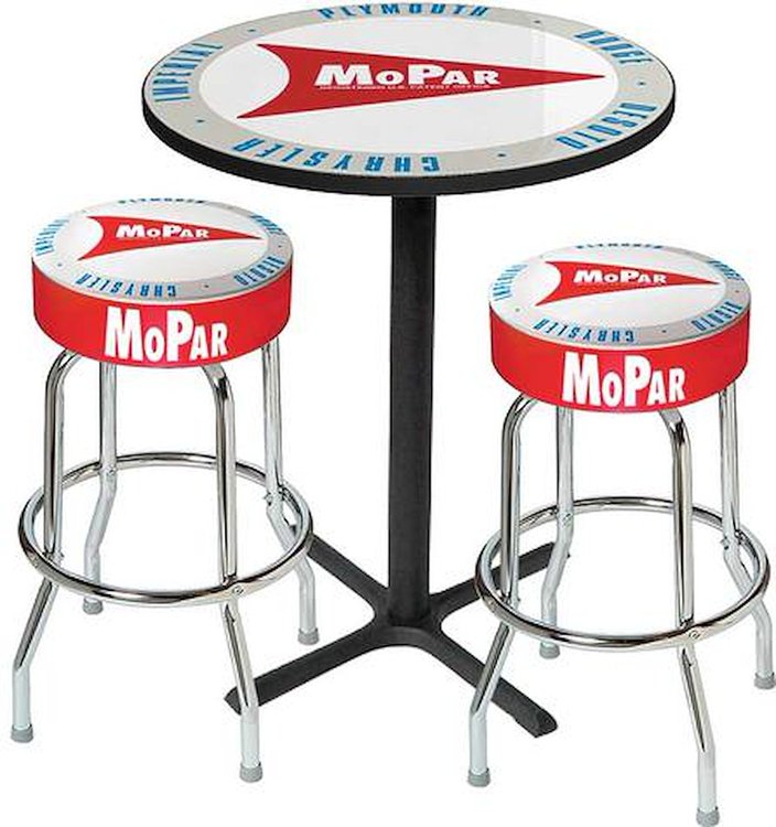 MD67502 Pub Table & Stool Set Mopar Logo; Black Base Table With 2 Chrome Stools (3-Piece); Style 2