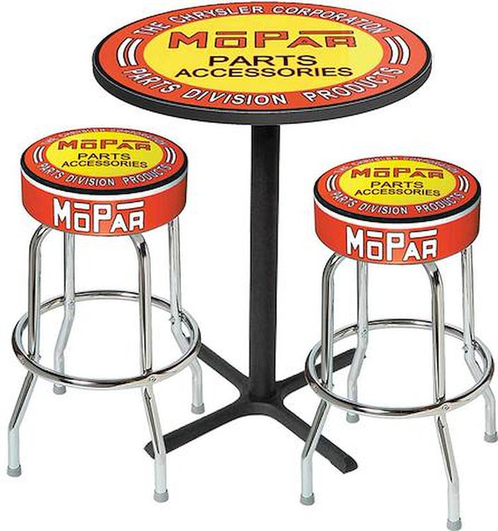 MD67506 Stool Set Mopar Orange/Yellow Logo Pub Table &; Black Base With 2 Chrome Stools (3-Pc); Style 6
