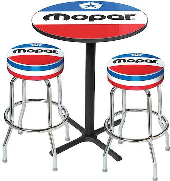 MD67507 Pub Table & Stool Set Mopar Logo; Black Base Table With 2 Chrome Stools (3-Pc); Style 7