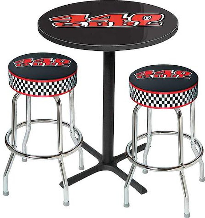 MD67512 Table & Stool Set; Mopar 440 6-Bbl Logo; Black Based Table With Chrome Stools (3-Pc); Style 12