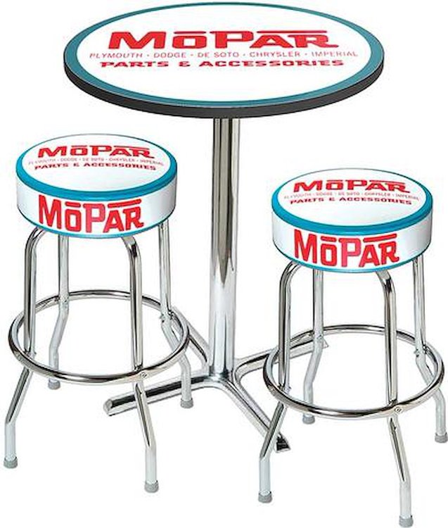1954-58 Mopar Logo Table / Stool Set - Chrome Based Table W/O Foot Rest / 2 Chrome Stools