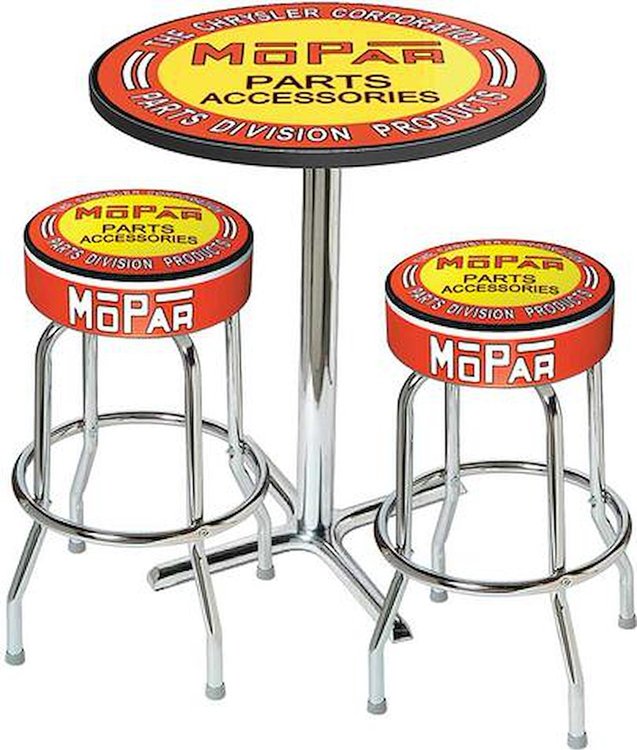 48-53 Mopar Orange/Yellow Logo Table / Stool Set - Chrome Table W/O Foot Rest / 2 Chrome Stools