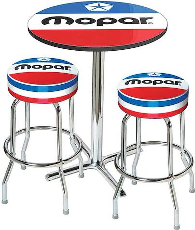 1972-84 Mopar Logo Pub Table / Stool Set - Chrome Based Table W/O Foot Rest / 2 Chrome Stools