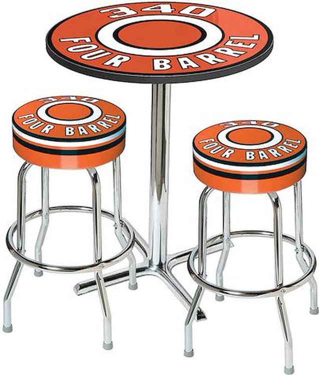 Table / Stool Set - Mopar 340 4-Barrel Logo - Chrome Based Table W/O Foot Rest / 2 Chrome Stools