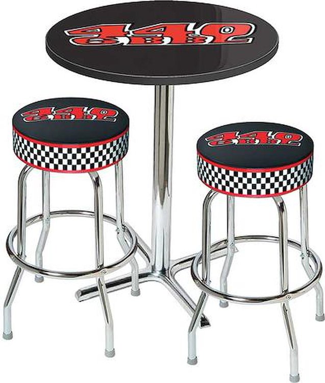 Table / Stool Set - Mopar 440 6-Bbl Logo - Chrome Based Table W/O Foot Rest / 2 Chrome Stools