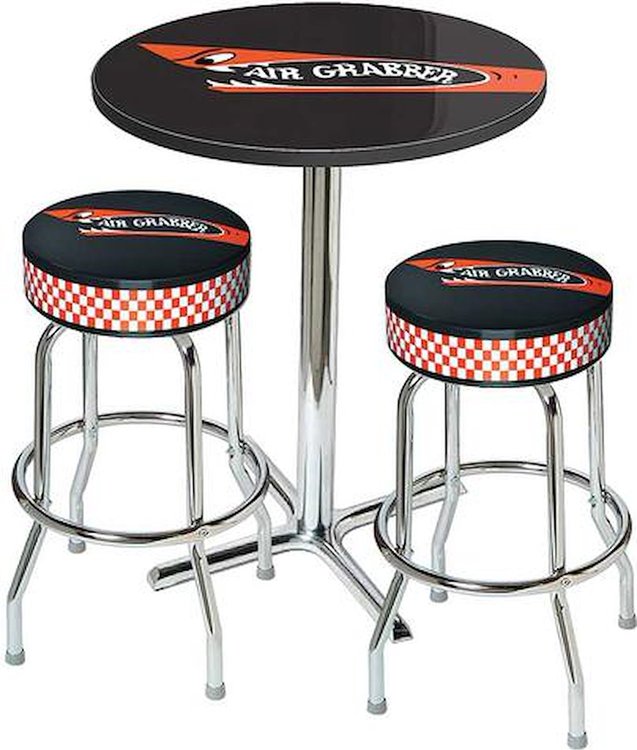 Table / Stool Set - Mopar Air Grabber Logo - Chrome Based Table W/O Foot Rest / 2 Chrome Stools