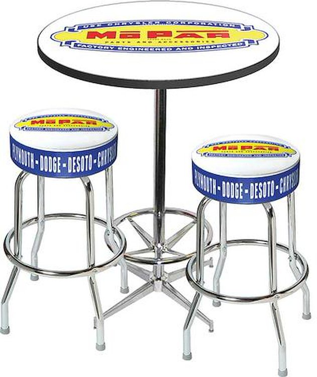 MD67701 Pub Table & Stool Set 1948-53 Mopar Logo; Table W/Chrome Footrest & 2 Chrome Stools; Style 1