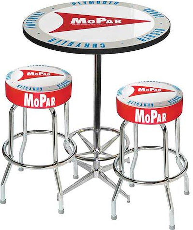 1959-63 Mopar Logo Pub Table / Stool Set - Chrome Based Table W/Footrest / 2 Chrome Stools