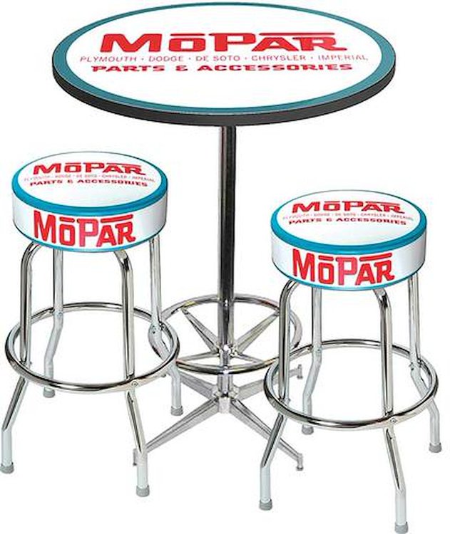 MD67705 Table & Stool Set Mopar Logo; Chrome Based Table With Foot Rest & 2 Chrome Stools; Style 5