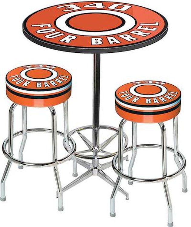 MD67710 Table & Stool Set; Mopar 340 4-Barrel; Chrome Base Table W/ Foot Rest & 2 Chrome Stools; Style 10