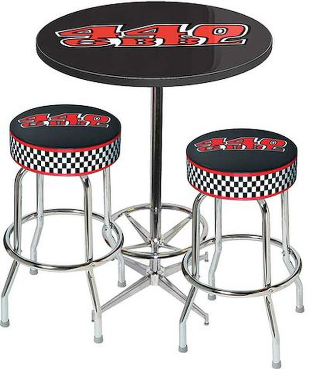 MD67712 Table & Stool Set; Mopar 440 6-Bbl Logo; Chrome Based Table With Foot Rest & 2 Chrome Stools