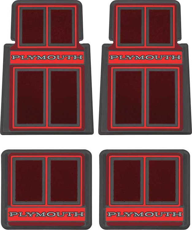 MD690602 1960-1976 Plymouth; Custom Carpeted Floor Mat Set; in.Plymouth in. Logo; Red; 4 Piece Set