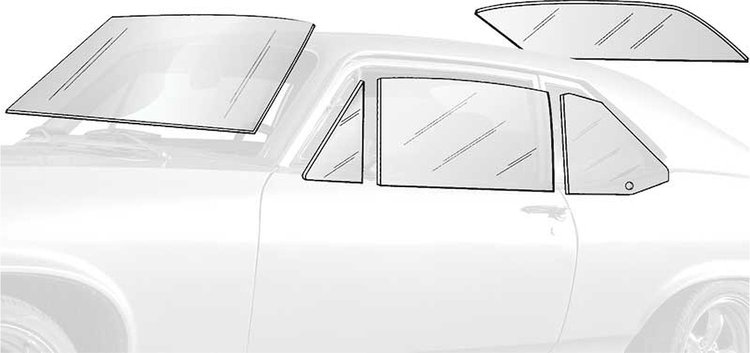 NR807C 1968-72 Chevy II / Nova / Ventura; 2-Door Coupe; Glass Set; (8 Piece); Clear; Without Antenna