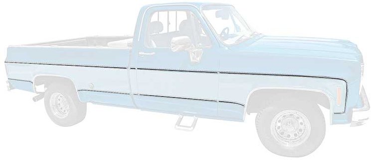 R1097 Body Side Molding Set; 1973-80 Chevrolet, GMC Pickup; Upper & Lower Body Side Molding Set; Long Bed; 18 Piece
